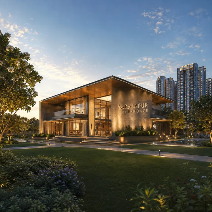 DNR Sarjapur Road standalone clubhouse pavilion set in landscape away from the towers