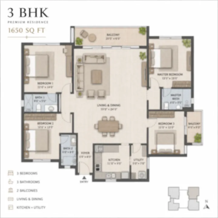 DNR Sarjapur Road 3 BHK 1,650 sq ft floor plan